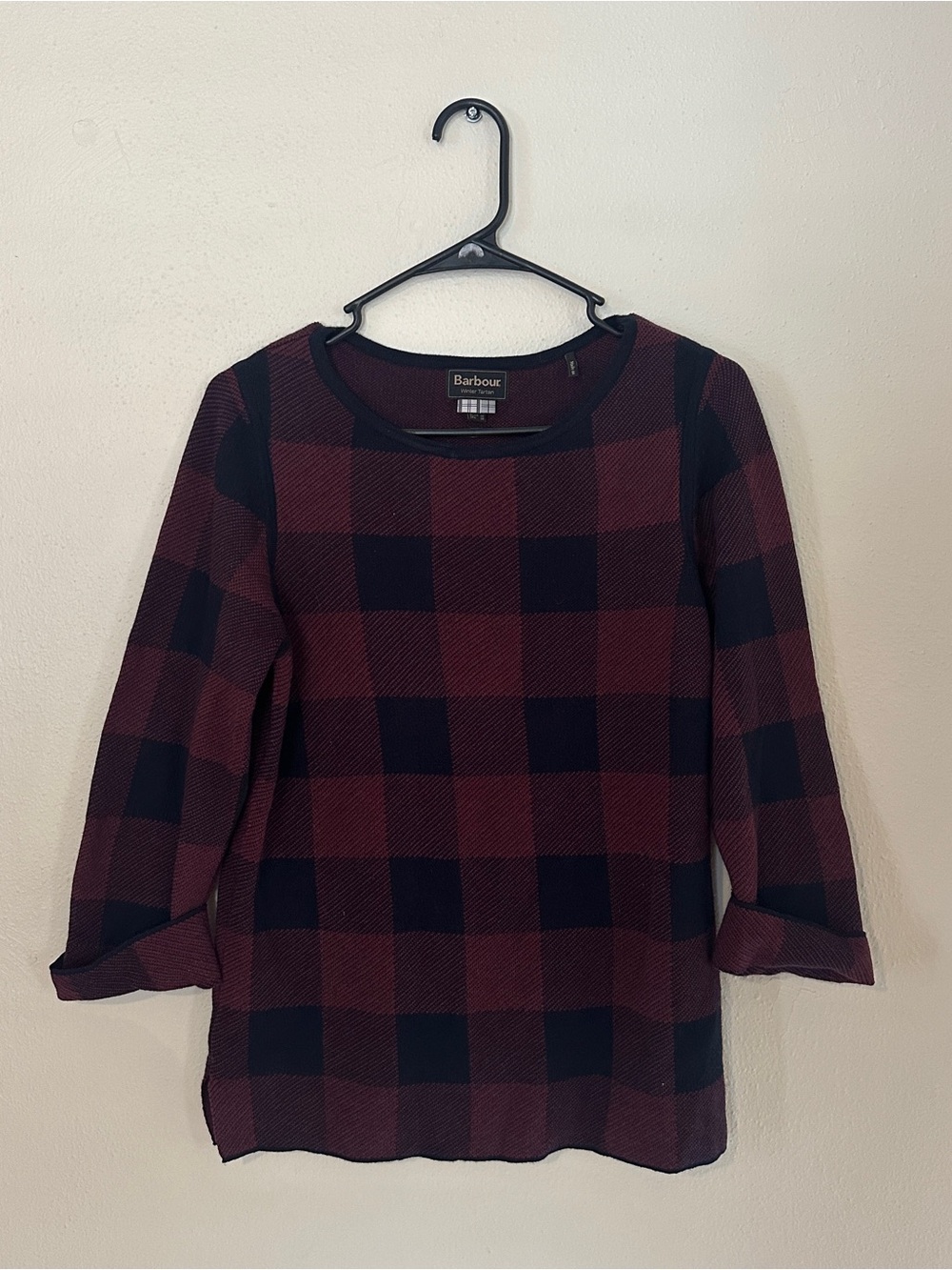 Barbour burgundy and navy plaid cotton blouse